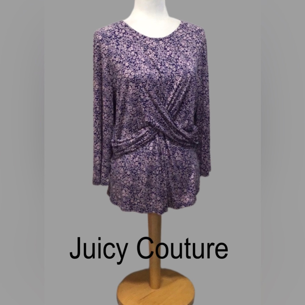 Juicy Couture Pull-Over Tunic, Twist Front, Blue/Pink‎ Floral, 3/4 Sleeve, Large